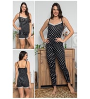 MyBen Kadın Siyah   Renkli  Puantiyeli Dantel Detaylı Şortlu ve Taytlı Pijama Takımı 3'lü Set 75004