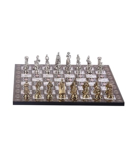 Orta Boy Metal İngiliz Satranç Takımı Parlak ve Sedef Desenli MDF Ahşap Satranç Tahtası (37x37 cm.)