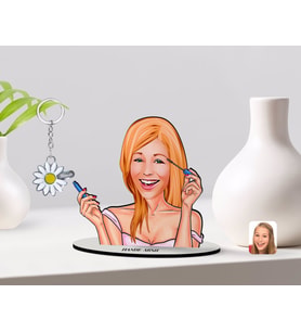 BK Gift Kişiye Özel Kadın Karikatürlü 3D Ahşap Biblo ve İsimli Silver Papatya Anahtarlık-21 (Model 1)