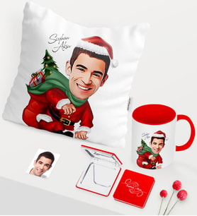 BK Gift Kişiye Özel Yılbaşı Temalı Bay Karikatürlü Kırmızı Kupa Ayna Yastık Seti - 4