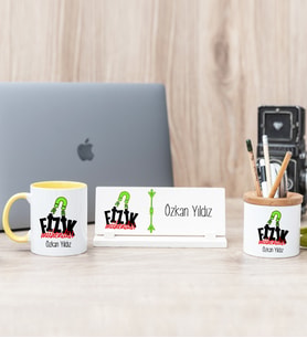 Fizik Mühendisi Sarı Kupa Bardak Kalemlik Ve Masa İsimliği Hediye Seti
