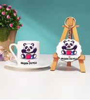 Sevimli Panda Tasarımlı Kişiye Özel Panda Türk Kahvesi Fincanı ve Anahtarlık Seti