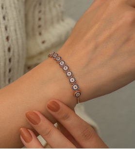 Papatya Silver Nazargöz Asansör Bileklik Nano Zirkon Taşlı Rose Altın Kaplama Gümüş