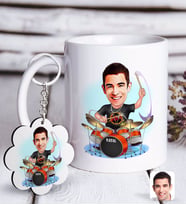 BK Gift Kişiye Özel Erkek Baterist Karikatürlü Beyaz Kupa ve Anahtarlık Hediye Seti (Model 1)