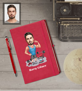 Kişiye Özel Sporcu Karikatürlü  Kırmızı Defter Kalem Hediye Seti Bay-8
