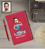 Kişiye Özel Sporcu Karikatürlü  Kırmızı Defter Kalem Hediye Seti Bay-8