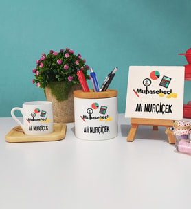 Muhasebeci Ahşap Altlıklı Türk Kahvesi Fincanı Kalemlik Dekoratif Taş Baskı Seti
