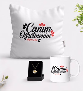 BK Gift Kişiye Özel Canım Öğretmenim Beyaz Kupa Yastık ve İsimli Papatya Kolye Hediye Seti-11 (Model 1)