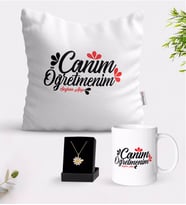 BK Gift Kişiye Özel Canım Öğretmenim Beyaz Kupa Yastık ve İsimli Papatya Kolye Hediye Seti-11 (Model 1)