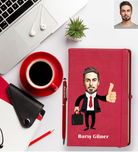 Kişiye Özel Patron Karikatürlü Kırmızı Defter Kalem Hediye Seti Bay-2