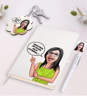 BK Gift Kişiye Özel Kadın Kolay Yetişmiyor Karikatürlü Beyaz Defter Kalem ve Anahtarlık Hediye Seti-5 (Model 1)