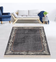 Osmanlı Motif Çerçeveli Dijital Baskı Yıkanabilir Kaymaz Taban Düz Salon Halı ve Yolluk (Gri)