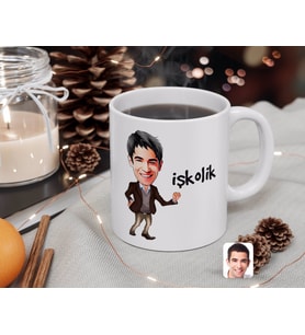 BK Gift Kişiye Özel Erkek İşkolik Karikatürlü Beyaz Kupa Bardak-2