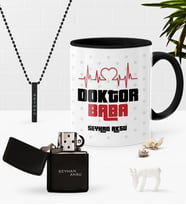 BK Gift Kişiye Özel Doktor Baba Siyah Kupa Benzinli Çakmak Kolye Seti-2 (Model 1)