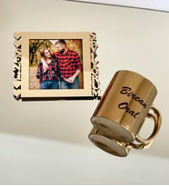 Kişiye Özel Fotoğraflı Seni Seviyorum Standlı Mdf Gold Çerçeve Ve Gold Kupa Set