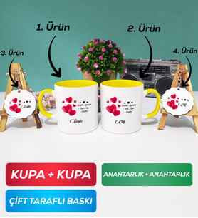 İkili Sarı Sevgililer Günü Hediyesi Kupa Bardak Anahtarlık