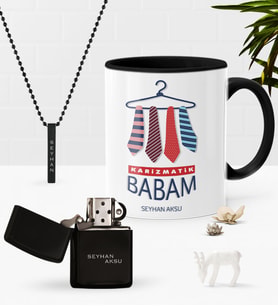 BK Gift Kişiye Özel Karizmatik Babam Siyah Kupa Benzinli Çakmak Kolye Seti (Model 1)