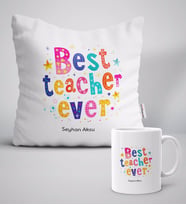 BK Gift Kişiye Özel En İyi Öğretmen Beyaz Yastık Kupa Seti-12 (Model 1)