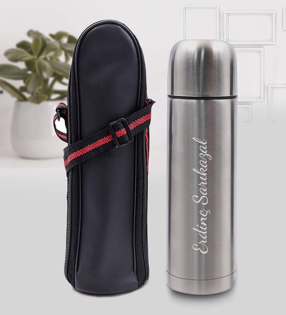 Kişiye Özel 500 ML Deri Çantalı Çelik Termos (Gümüş)