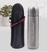 Kişiye Özel 500 ML Deri Çantalı Çelik Termos (Gümüş)