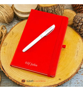 İsme Özel Termo Deri Kırmızı Defter Roller Kalem Set