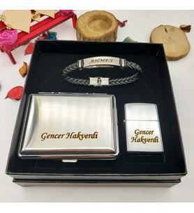 Kişiye Özel Hediye Seti (Zippo Çakmak, Sigara Tabakası, Bileklik)