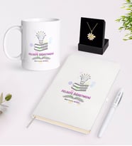 BK Gift Kişiye Özel Felsefe Öğretmeni Beyaz Kupa Defter Kalem ve İsimli Papatya Kolye Hediye Seti-2 (Model 1)