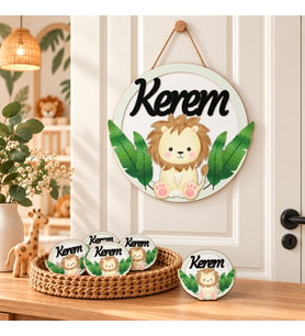 Kişiye Özel Bebek Kapı Süsü Ve 50 Adet Magnet Seti Aslan