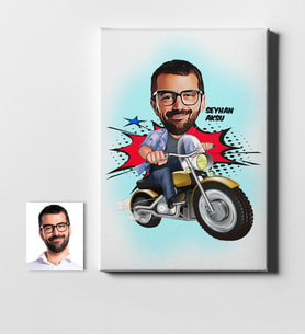 BK Gift Kişiye Özel Bay Motorcu Karikatür Kanvas Tablo 50x70cm 1