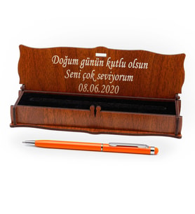 Hediyelik Tükenmez Kalem Ahşap Kutulu (Turuncu)