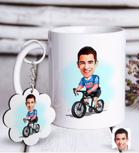 BK Gift Kişiye Özel Erkek Bisiklet Sürücüsü Karikatürlü Beyaz Kupa ve Anahtarlık Hediye Seti-1 (Model 1)