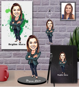 Kişiye Özel İş Kadını Karikatürlü 5 li Hediye Seti Bayan-25