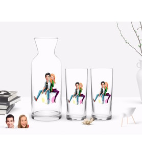 BK Gift Kişiye Özel Renkli Baskılı Sevgililer Karikatürlü İkili Rakı Bardağı ve Karaf Hediye Seti-35 (Model 1)