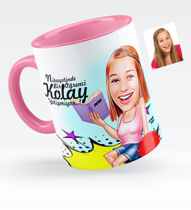 BK Gift Kişiye Özel Bayan Öğrenci Karikatürlü Pembe Kupa Bardak  1