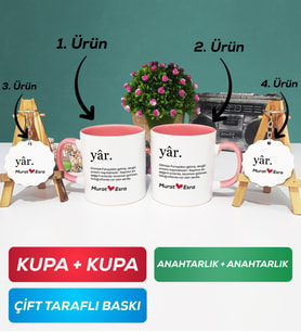 İkili Pembe Yâr Sevgililer Günü Hediyesi Kupa Bardak Anahtarlık