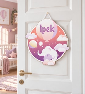 İsme Özel Fil ve Gökyüzü Temalı Çocuk Odası Kapı Süsü