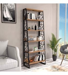 Wood'n Love Albatros 5 Raflı Piramit Metal Kitaplık - Atlantik Çam / Siyah
