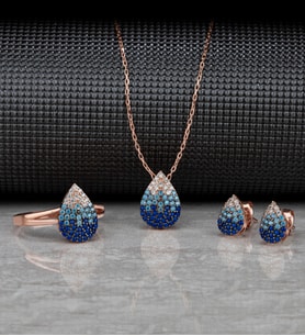 Gümüş Renkli Zirkon Taşlı " Damla " Tasarım Kolye-Küpe-Yüzük Set (Rose)