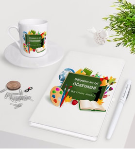 BK Gift Kişiye Özel Dünyanın En İyi Öğretmeni Beyaz Defter Kalem Türk Kahvesi Fincanı Seti-26 (Model 1)
