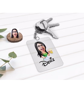 BK Gift Kişiye Özel Kadın Karikatürlü Şeffaf Pleksi Anahtarlık-30 (Beyaz)