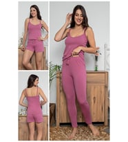 MyBen Kadın Lila Renkli Şortlu ve Taytlı Pijama Takımı 3'lü Set 75017