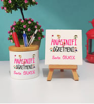 Anasınıfı Öğretmeni Hediye Kalemlik ve Dekoratif Taş Baskı Hediye Seti