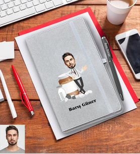 Kişiye Özel Eczacı Karikatürlü Gri Defter Kalem Hediye Seti Bay-1