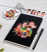 BK Gift Kişiye Özel Yeni Yıl Aile Karikatürlü Siyah Defter Kalem ve Anahtarlık Hediye Seti-6 (Model 1)