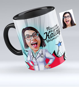 BK Gift Kişiye Özel Bayan Doktor Karikatürlü Siyah Kupa Bardak  1