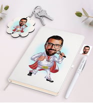 BK Gift Kişiye Özel Elvis Presley Karikatürlü Beyaz Defter Kalem ve Anahtarlık Hediye Seti (Model 1)