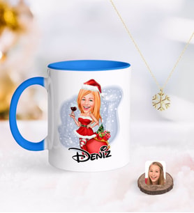 BK Gift Kişiye Özel Kadın Yeni Yıl Karikatürlü Mavi Kupa ve Kar Tanesi Kolye-1 (Model 1)