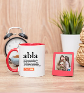 Abla Kelime Anlamı Kırmızı Kupa Bardak ve Kırmızı Mini Fotoğraf Çerçevesi