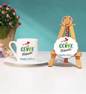 Mesajlı Çevre Mühendisi Tasarımlı Kişiye Özel Çevre Mühendisi Türk Kahvesi Fincanı ve Anahtarlık Hediye Seti