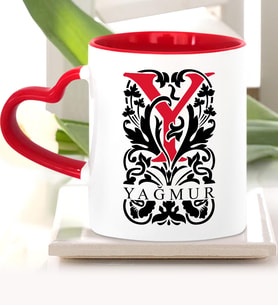 BK Gift Kişiye Özel Y Harfi Kırmızı Kalpli Kupa Bardak Model 2